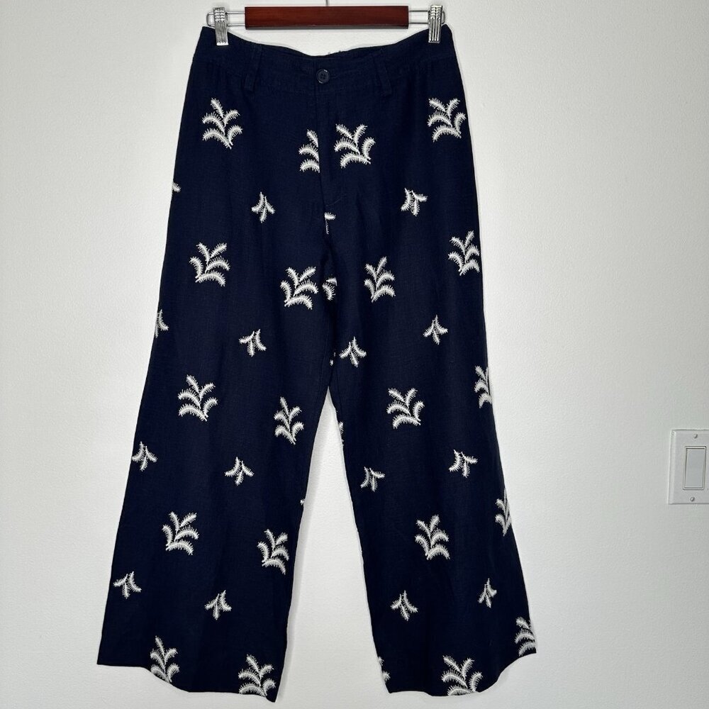 Elie Tahari Wide Leg Pants Size 6 Navy Blue Palm Embroidered Linen